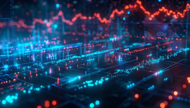 Stock chart analysis, holographic interface, futuristic financial technology, neon blue glow