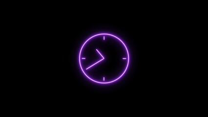 Neon clock icon purple color 4k illustration. on black background 24 hour fast  digital clock.