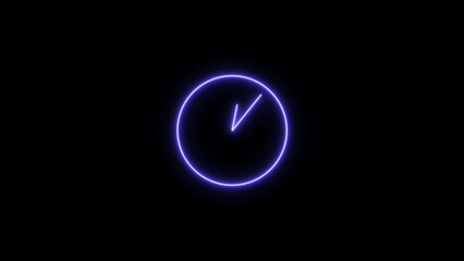 Neon clock icon purple color 4k illustration. on black background 24 hour fast  digital clock.