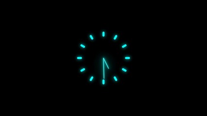 Neon clock icon cyan color 4k illustration. on black background 24 hour fast  digital clock.