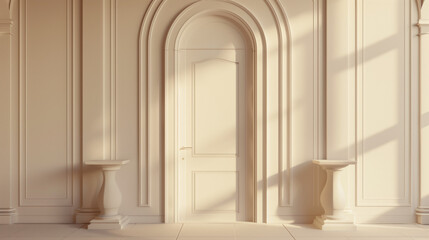 Fototapeta premium Arched doorway, three platforms, light beige background, softly lit