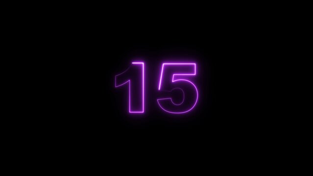 neon countdown timer 15  blue color 4k illustration on black background. 15 seconds timer 4k illustration.