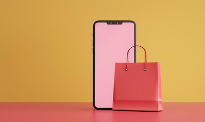 Mobile Shopping Concept with Pink Phone and Red Bag