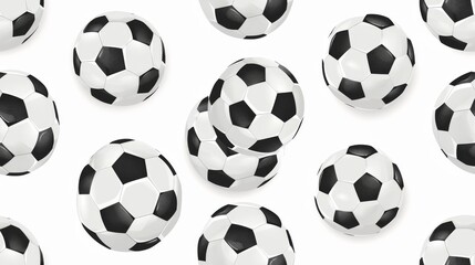 An array of classic black and white soccer balls scattered across a seamless white backdrop, symbolizing sports and teamwork