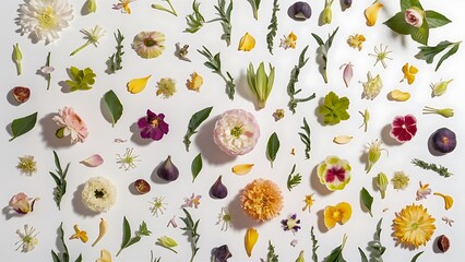 Obraz premium Floral concept with flowers leaves petals buds and figs isolated on white