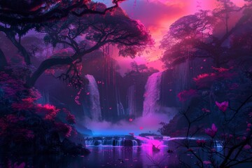 Vibrant Fantasy Landscape with Neon Colors Featuring Waterfall and Tropical Moonlit Sky
