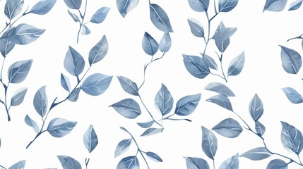 A seamless pattern featuring stylized blue leaves on a white backdrop, ideal for textiles or wallpapers