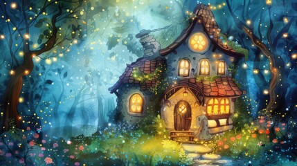 Enchanting Watercolor Illustration of a Magical House Adorned with Fairy Lights in a Whimsical Garden Setting
