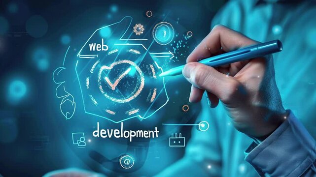 Technology background. Businessman checks a mark on a virtual screen with the text "web development". Digital futuristic style background for business technology. Business technology and internet. 4K 