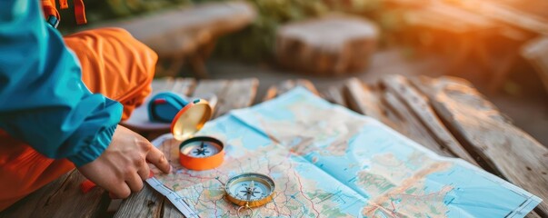 Backpacker planning a route with a map and compass, freedom, adventure planning and exploration
