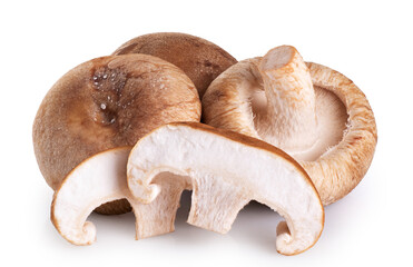 Fototapeta premium Shiitake mushrooms and mushroom pieces isolated on white background. With clipping path.