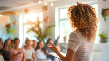 Woman speaking confidently at a business seminar, leadership, inspirational guidance and motivation