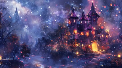 Naklejka premium Enchanted Watercolor Fantasy House with Glowing Towers and Magical Ambiance