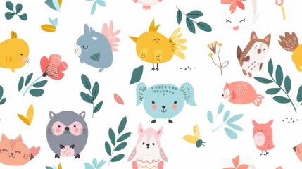Whimsical pattern featuring cartoon animals and foliage in a playful and child-friendly design, perfect for nursery decor