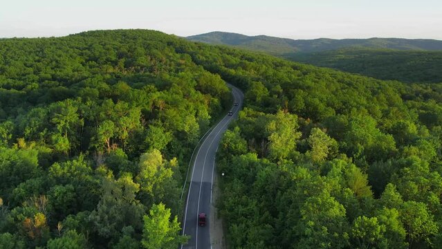 Red car driving along a winding mountain forest road, warm and summer weather