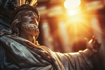 Majestic Marble Statue of Jesus Christ with Open Arms Illuminated by Sunlight in Urban Setting
