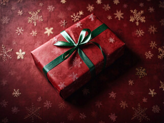 Festive poster Merry Christmas red wrapping paper background with snowflakes, subtle vignette