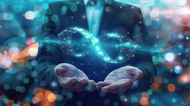 Business concept for endless technology. Businessman holding a virtual digital symbol of an infinity sign with a global network. Business technology abstract futuristic. Modern technology. 4K   