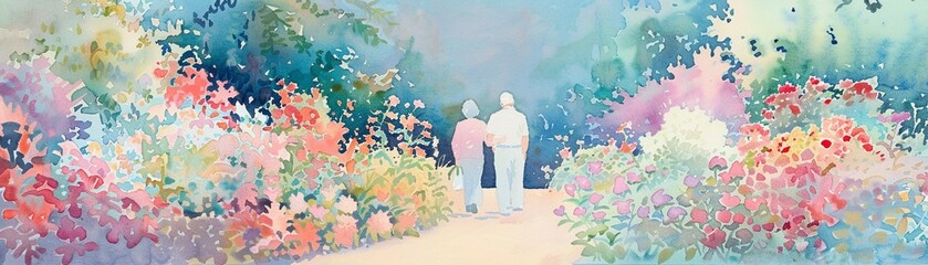 An elderly couple exploring a botanical garden, watercolor, vibrant colors, lifelike