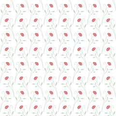 rose flower pattern with red color and green leaves, simple and attractive design, red rose flower vector image on white background smooth seamless wallpaper