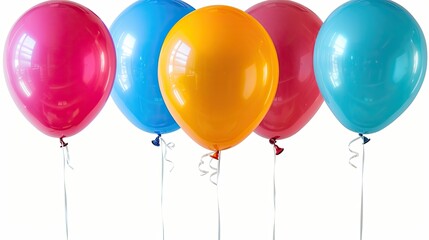 A group of colorful balloons in red, blue, and yellow, floating against a white background, evoking celebration and joy