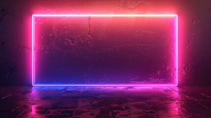 A vibrant neon frame illuminates a textured wall in pink and blue hues, creating a modern and artistic ambiance