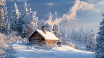 A cozy cabin sits nestled in a snowy forest, smoke curling from its chimney, creating a picturesque winter wonderland scene