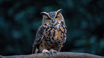 Obraz premium A majestic owl perched on a branch with a dark, blurred background, showcasing its sharp eyes and intricate feathers