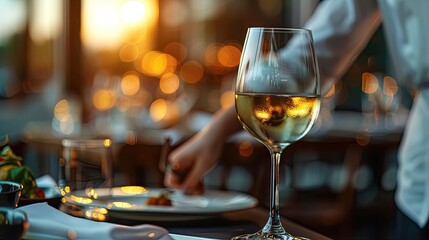 Obraz premium A close-up of a glass of white wine on a table in a restaurant with warm, ambient lighting, creating a cozy and elegant dining atmosphere