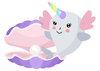 Friendly unicorn whale with pearl clam shell