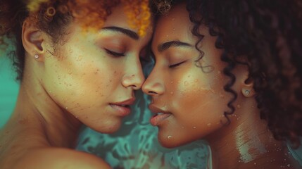 Obraz premium LGBTQ+ couple sharing a close-up embrace, faces touching, eyes closed in happiness