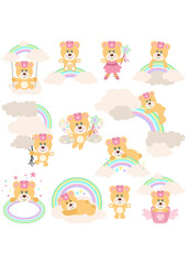 Set digital collage of cute unicorn teddy bear