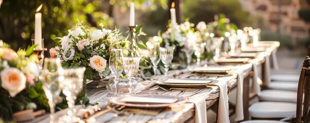 Elegant outdoor wedding table with rustic decor and lush greenery centerpieces.