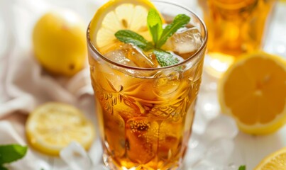 top view close-up of a glass of sweet and refreshing iced tea with lemon slices and mint leaves on a white linen tablecloth, captured in high resolution with professional color grading and soft shadow