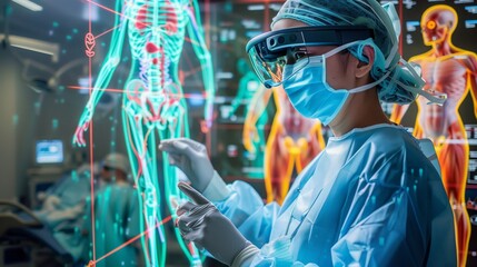 Naklejka premium Doctors use AR glasses for surgical planning, displaying detailed human anatomy holograms for precision.