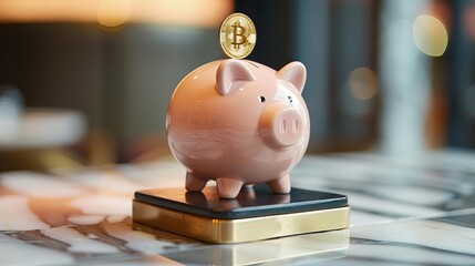 Banker balancing a piggy bank and a gold coin, balance, savings management