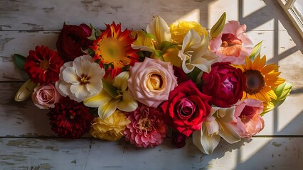 Bunch flowers on a wooden background