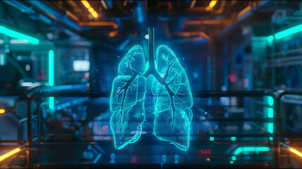 Obraz premium A high-tech laboratory features a holographic projection of a human lung, surrounded by advanced medical equipment.