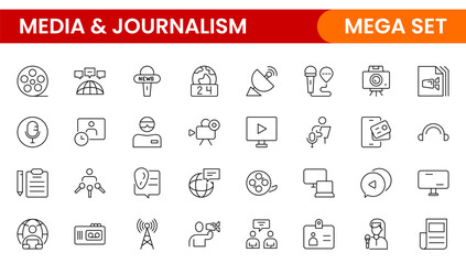 Set of thin line icons news, mass media, and fake news. Outline symbol collection. related to media, social networks, public journalism, communication, and networking. icon. Outline icon collection.