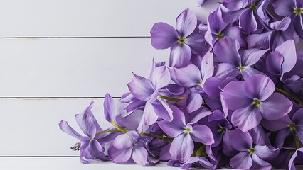 Violet flowers on a white wooden background