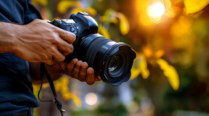 Naklejka premium Close-up of a person holding a camera with both hands, pointing towards the viewer, capturing an outdoor scene with blurred trees in the background. The vibrant daylight atmosphere with yellowish tone