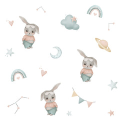 Nursery pattern for children with cute bunny. print for baby fabric, seamless bunny animal blue with peachy colors. clouds, moon, sun, galaxy. Nursery print illustration