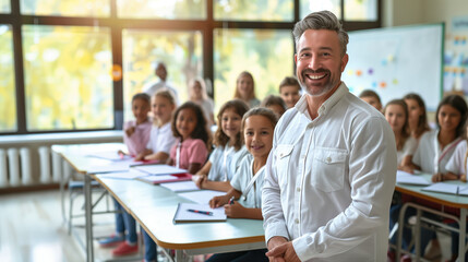 A teacher is cheerfully standing in front of a classroom filled with smiling children, in an academic institution setting, back to school concept
