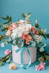 A beautiful composition of pastel colored flowers in a round gift box with a satin ribbon against a blue background