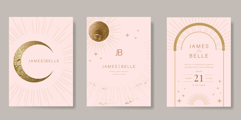 Galaxy themed wedding invitation vector template. Beige and pink luxury card with moon, cloud, star, sparkle, gold foil texture. Starry night cover design for background, greeting, rsvp modern card. © babeer