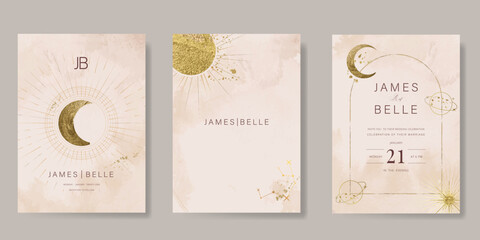 Galaxy themed wedding invitation vector template. Beige and pink luxury card with moon, cloud, star, watercolor and gold texture. Starry night cover design for background, greeting, rsvp modern card.
