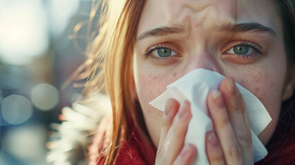 A sick girl blows her nose into a handkerchief, a woman has symptoms of sinusitis, runny nose, seasonal allergies or flu