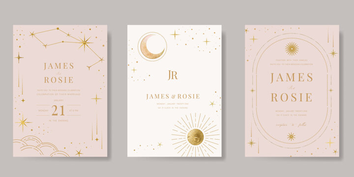 Galaxy themed wedding background vector. Beige and pink luxury card with moon, cloud, star, zodiac, cosmic, gold texture. Starry night cover design for banner, rsvp modern card, interior.