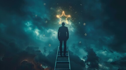 Businessman standing on a ladder reaching for a glowing star, symbolizing ambition and aspiration. Success concept