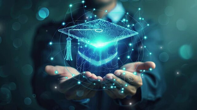 Online education and modern learning. Futuristic technology showcase of an educational business service. Businessman holding a virtual education icon with a graduation hat and a digital world hologram